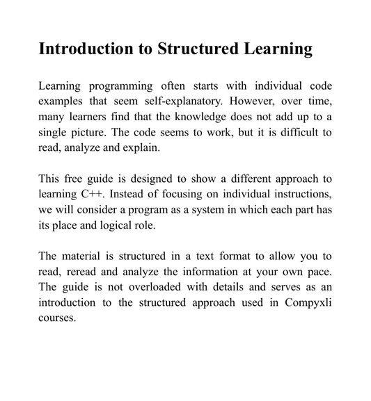 Preview pages from a free C++ learning guide focused on program structure and logical organization