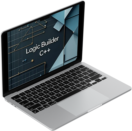 Laptop displaying course 'Logic Builder C++' on a white background