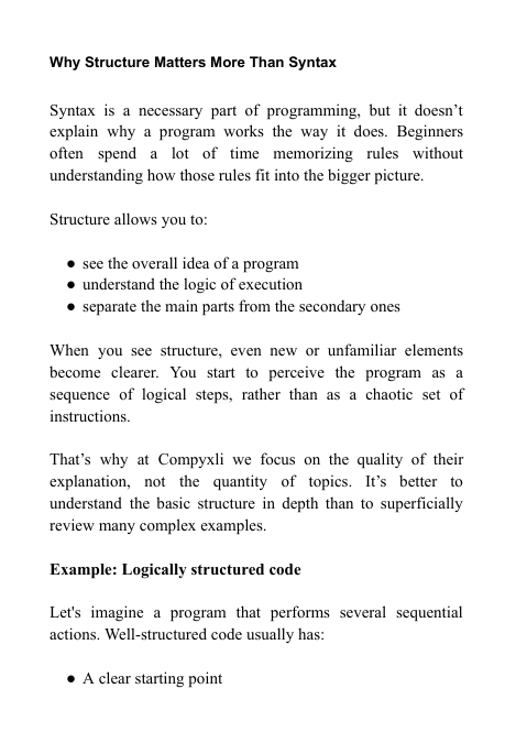 Preview pages from a free C++ learning guide focused on program structure and logical organization