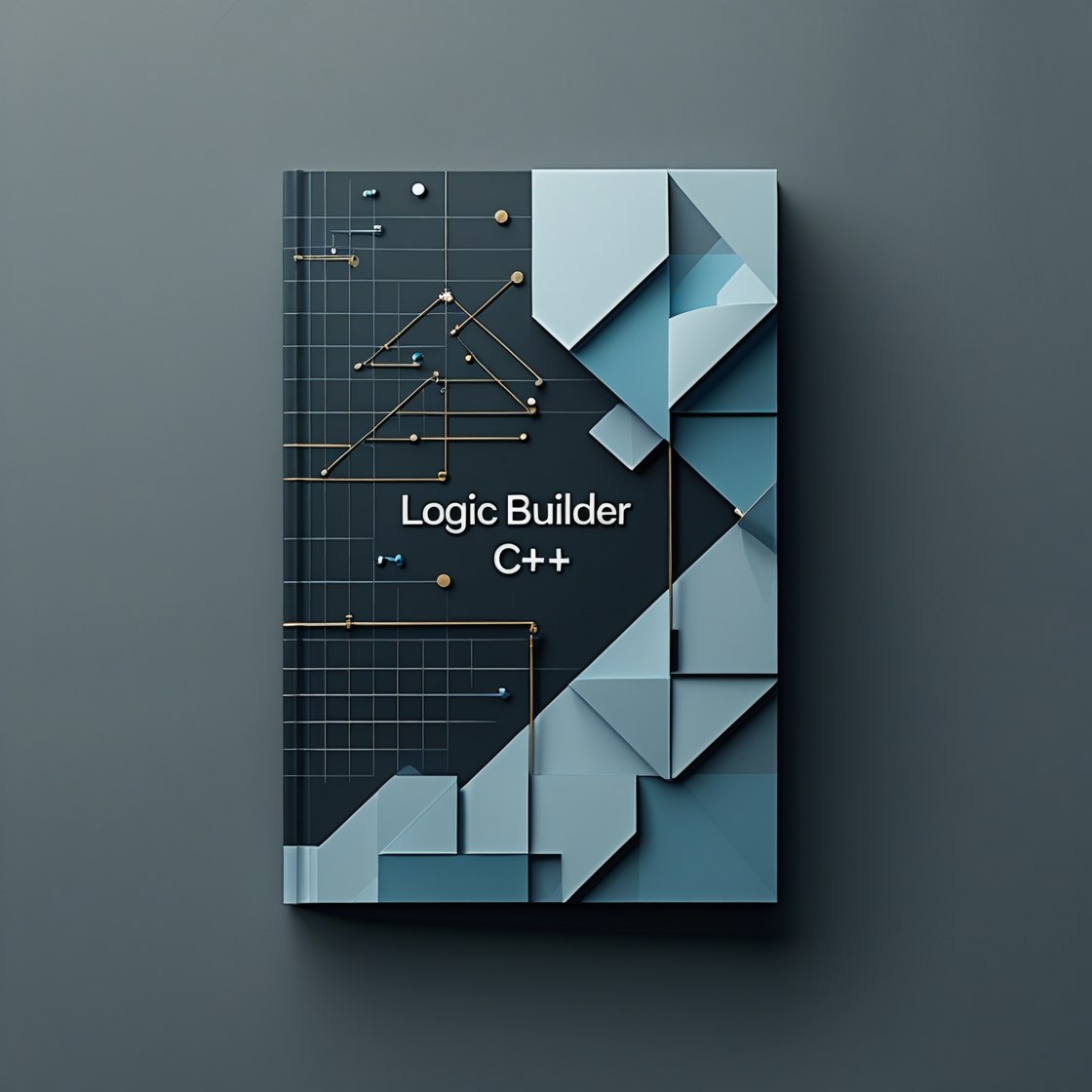Book cover of 'Logic Builder C++' with geometric design on a dark background