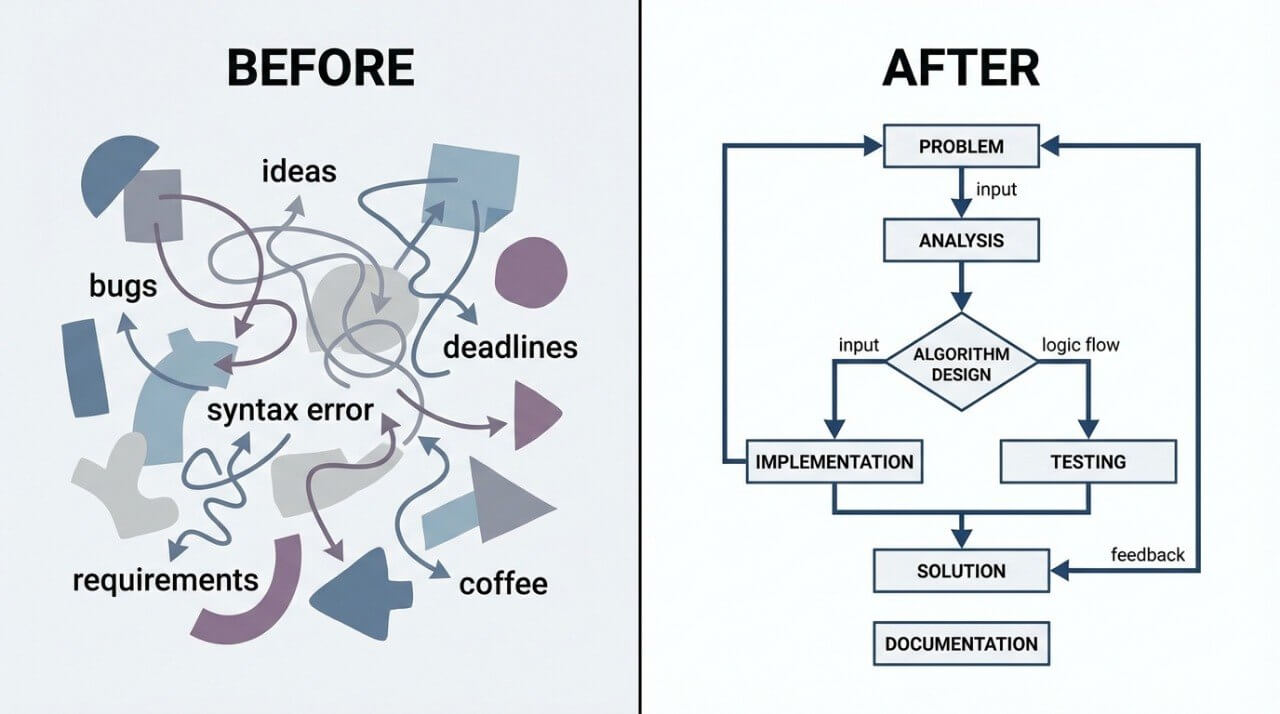 Comparison of a chaotic process labeled 'Before' with a structured algorithmic flow labeled 'After'.