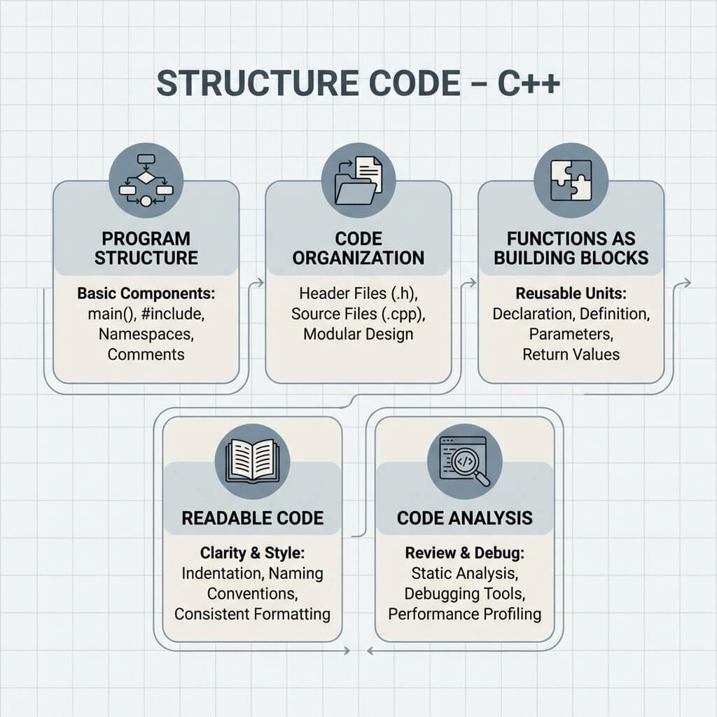 Diagram of C++ structure code components on a grid background