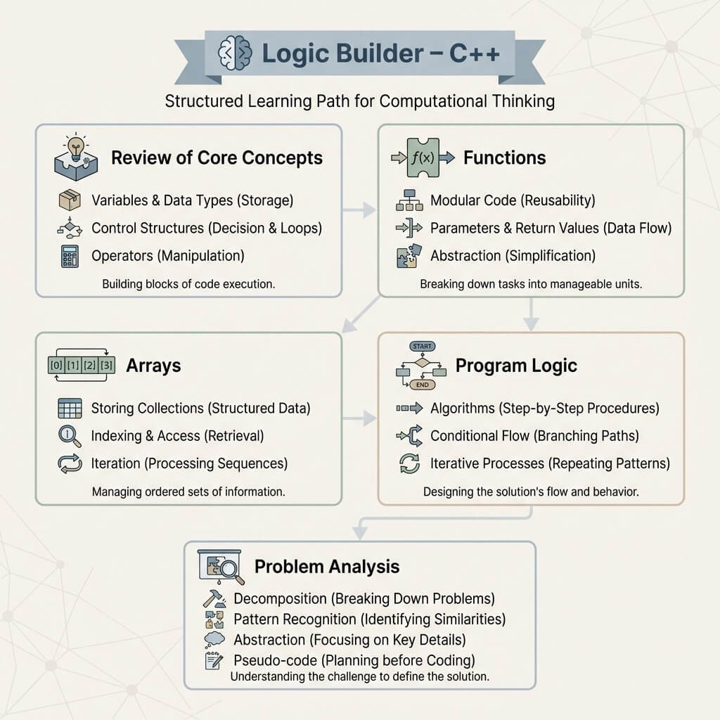 Structured learning path for computational thinking in C++ with various programming concepts.