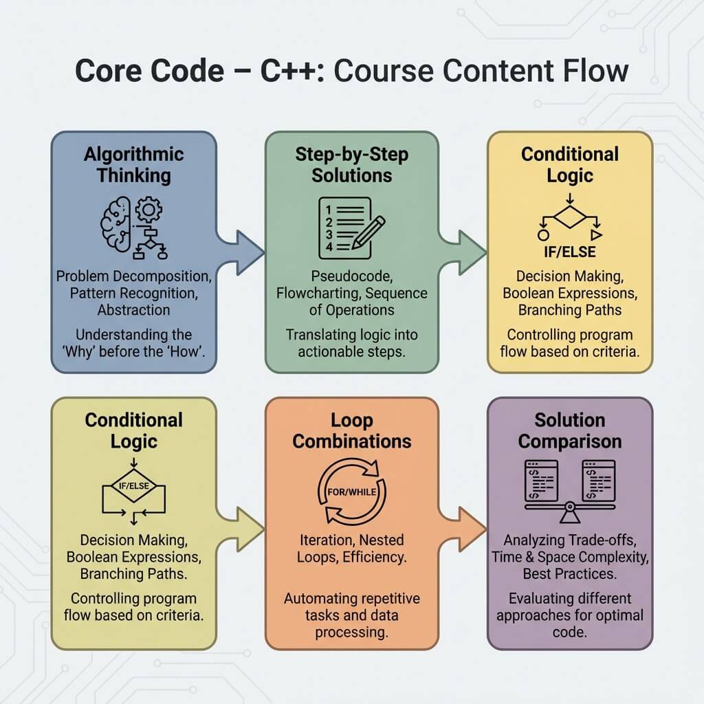 Flowchart of Core Code C++ course content flow with different topics and their descriptions.
