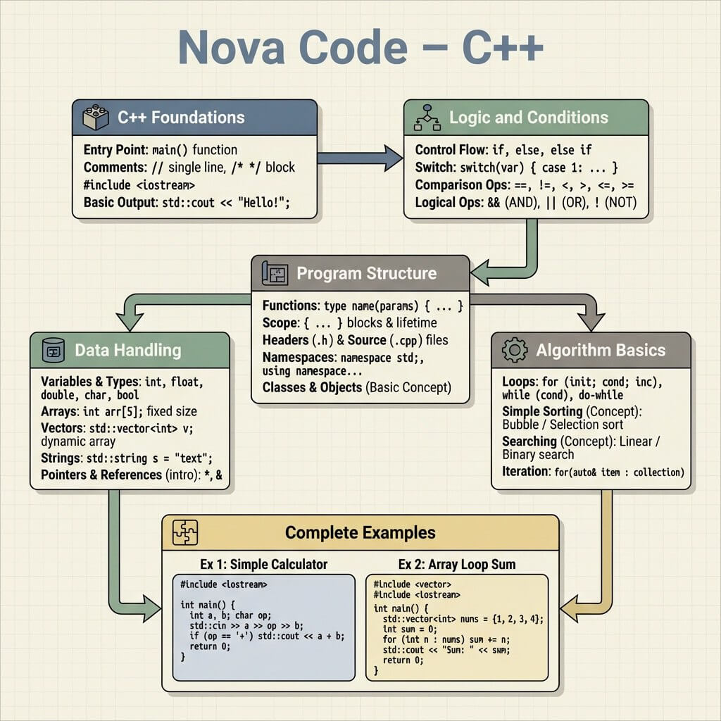 Flowchart of C++ programming concepts with text boxes and arrows on a beige background