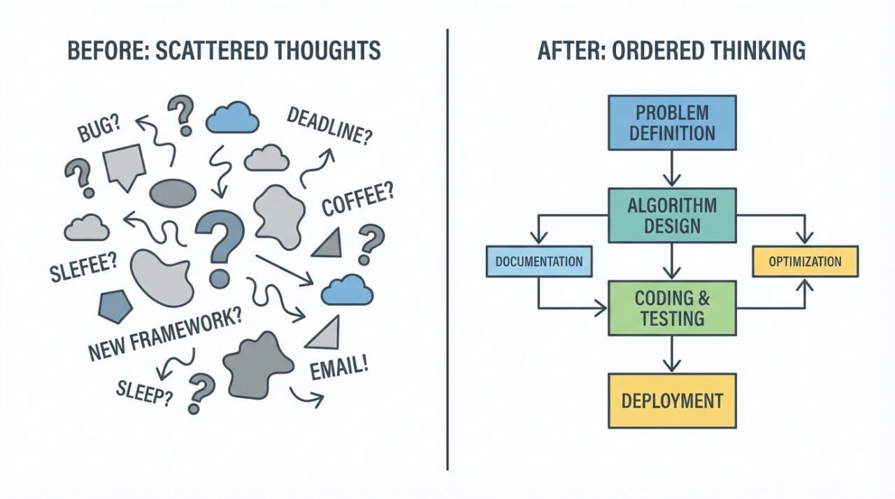 Diagram showing a transition from scattered thoughts to ordered thinking with project management steps.