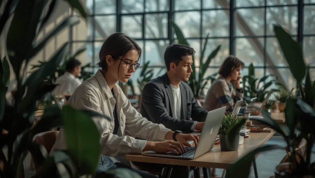 People programming on laptops in a modern office setting with large windows and plants.