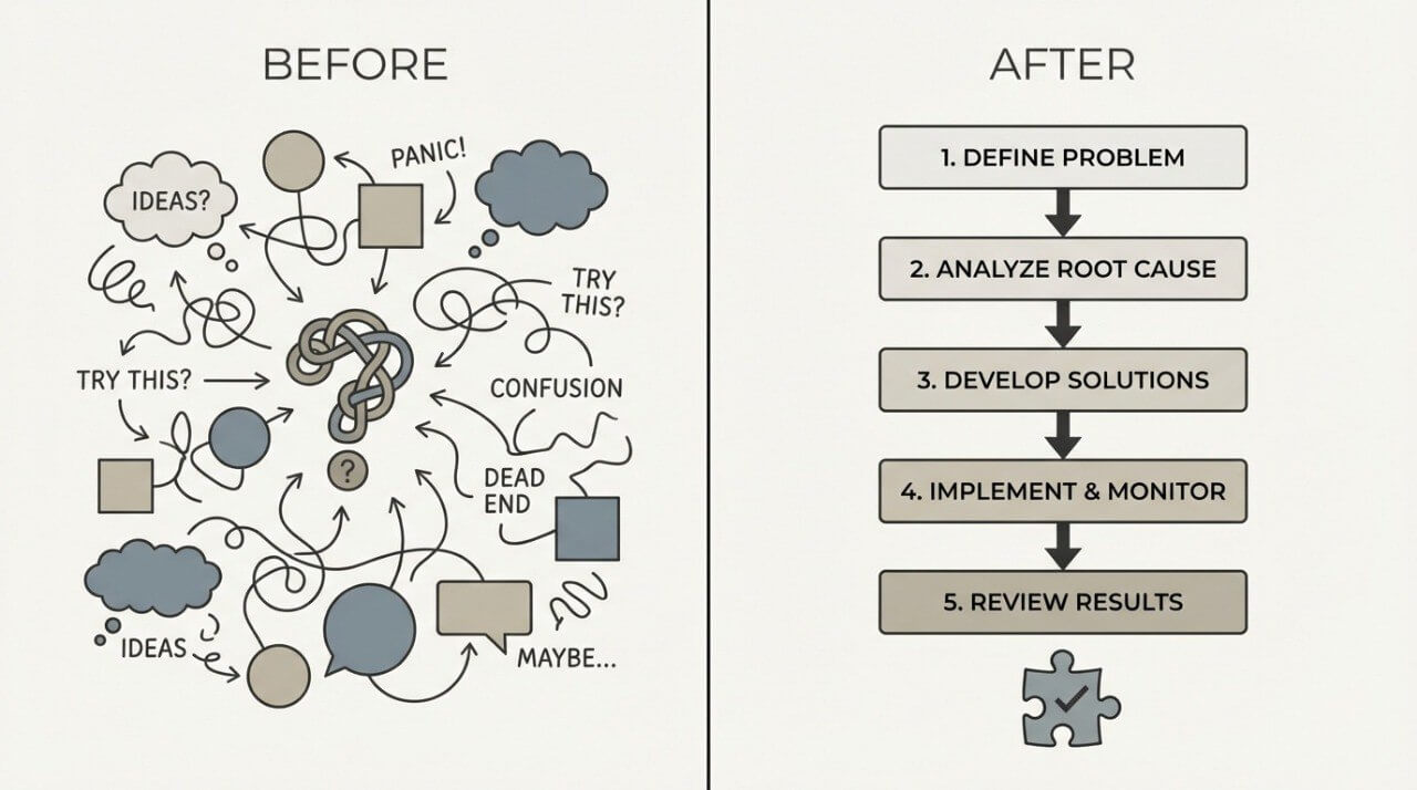 Comparison of a chaotic problem-solving process on the left with a structured problem-solving process on the right.