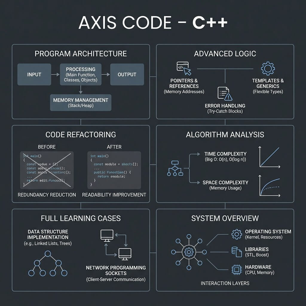 Diagram of program architecture, advanced logic, code refactoring, algorithm analysis, and system overview related to Axis Code C++.