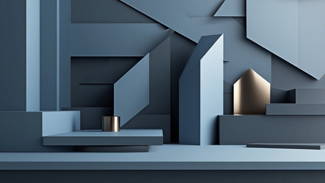 Geometric blue architectural background with a light brown object on a gray platform