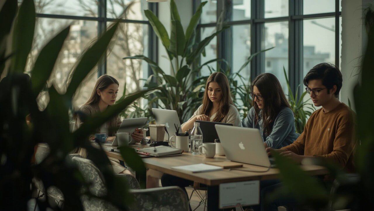 Group of C++ programmers working on laptops in a modern office setting with plants.