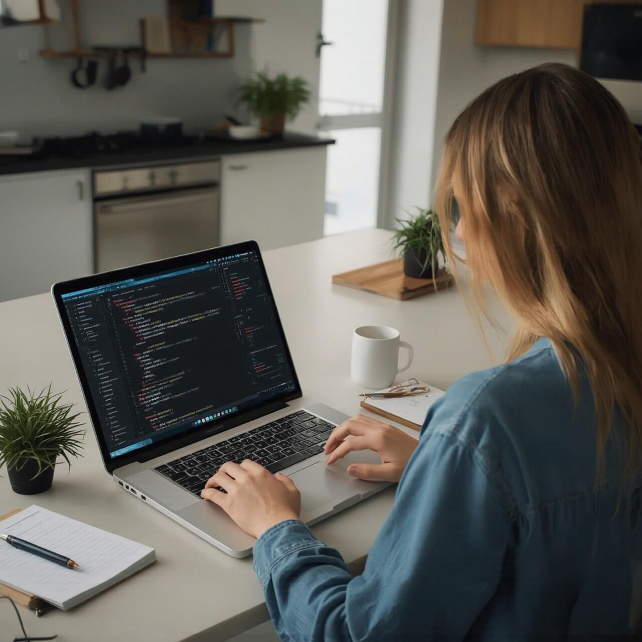 Person coding C++ on a laptop at a kitchen counter with a cup and notebook nearby.