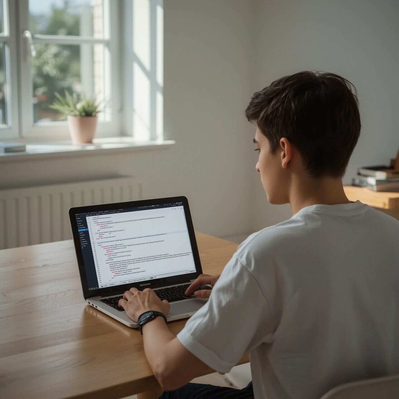 Person sitting at a desk using a laptop to learn C++ in a bright room with a window and plant.