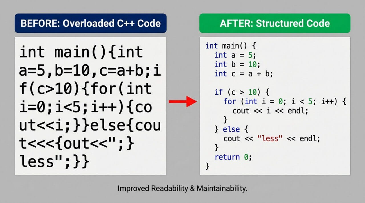 Comparison of overloaded C++ code before and after restructuring, with a focus on improved readability and maintainability.