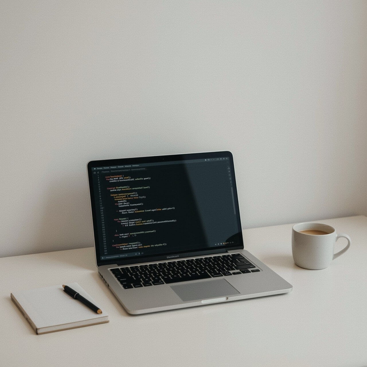 Laptop with C++ code on screen, notebook, pen, and coffee cup on a white desk.