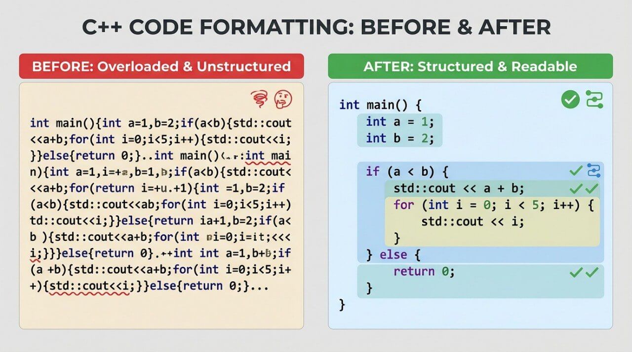 Comparison of C++ code formatting before and after structured changes on a light background.