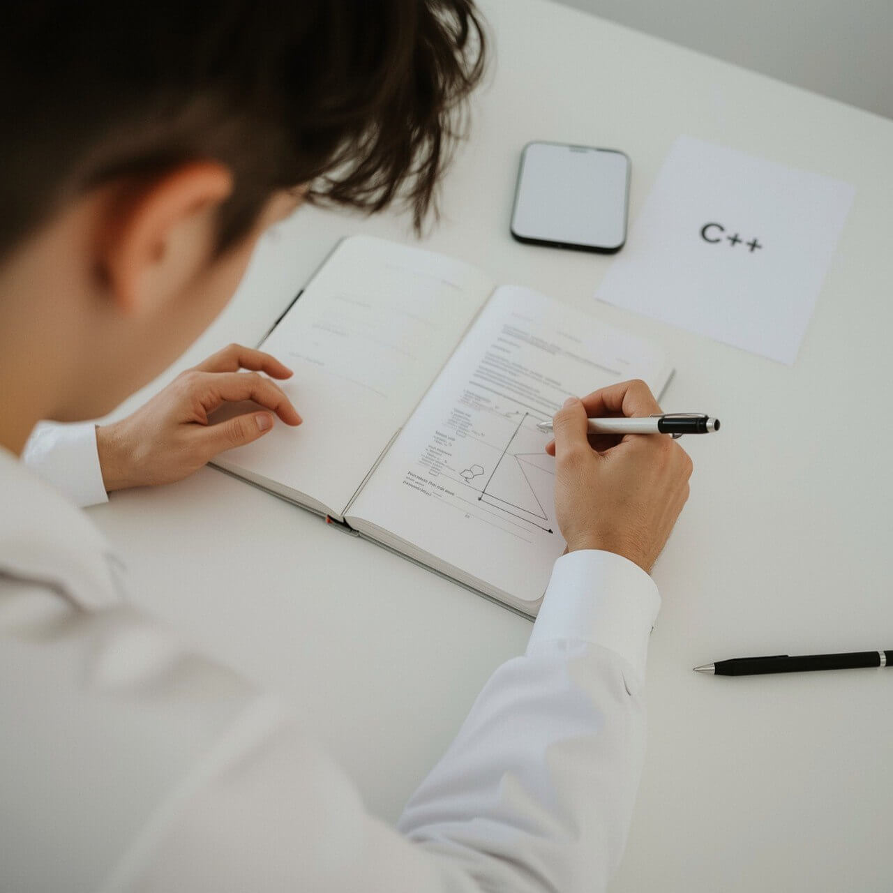 Person studying C++ on a notebook with a pen, on a desk with a smartphone and paper in the background.