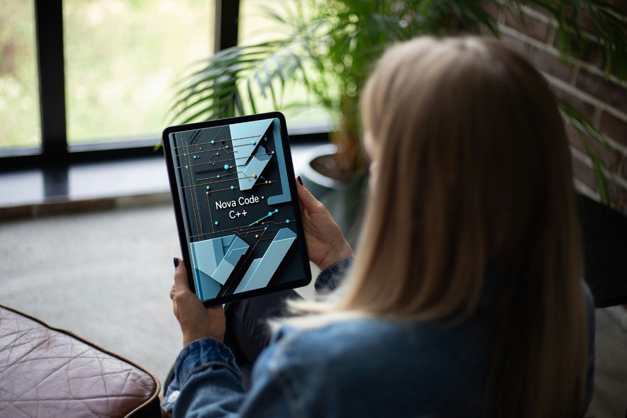 Person holding a tablet with a  "Nova Code" course interface on a couch