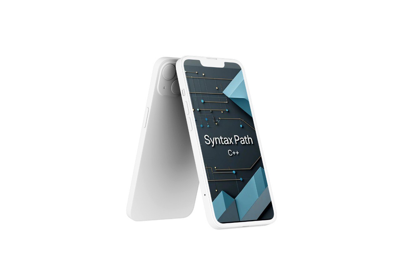 Phone with 'Syntax Path C++' course on a white background