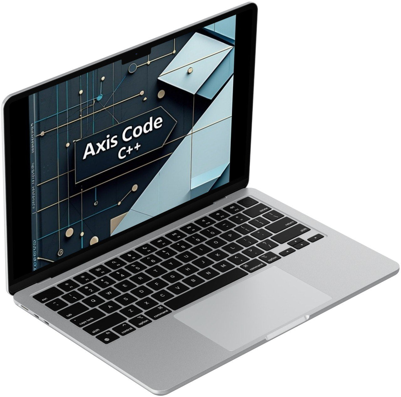 Laptop with 'Axis Code C++' on the screen on a white background