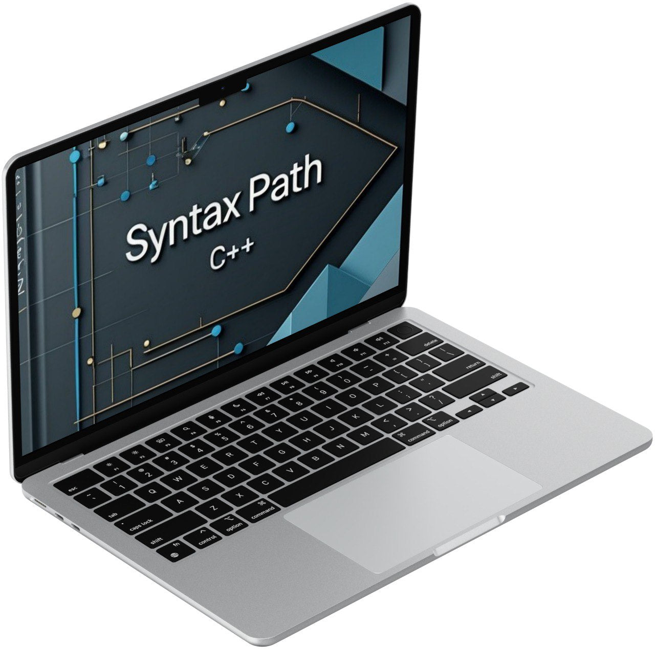 Laptop displaying 'Syntax Path C++' on a white background