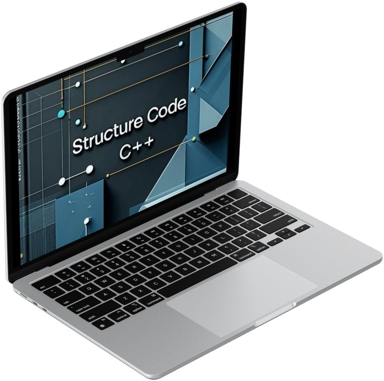 Laptop displaying 'Structure Code C++' on a white background