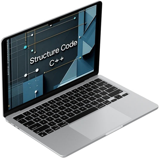 Laptop displaying 'Structure Code C++' on a white background