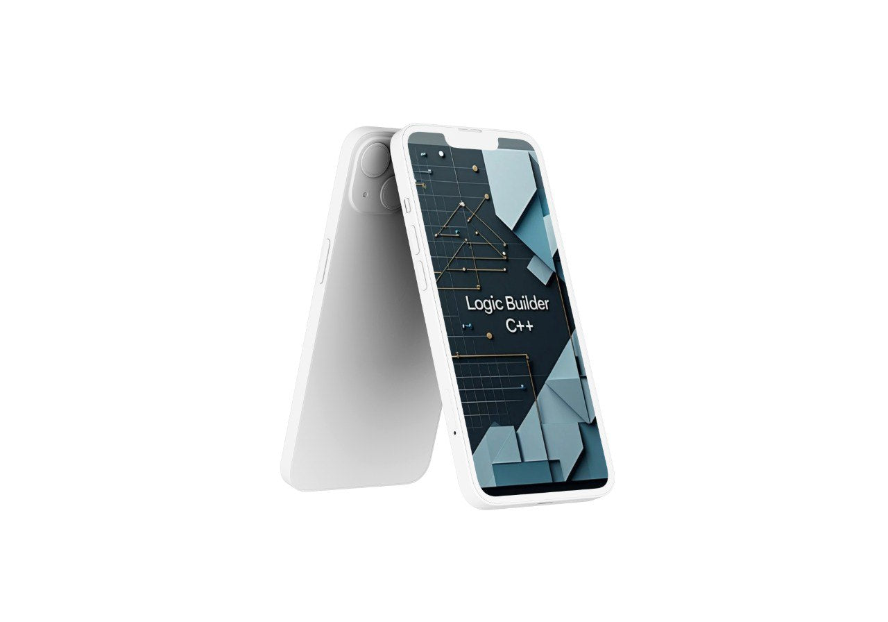 Smartphone with a white case displaying  course 'Logic Builder C++' on a white background