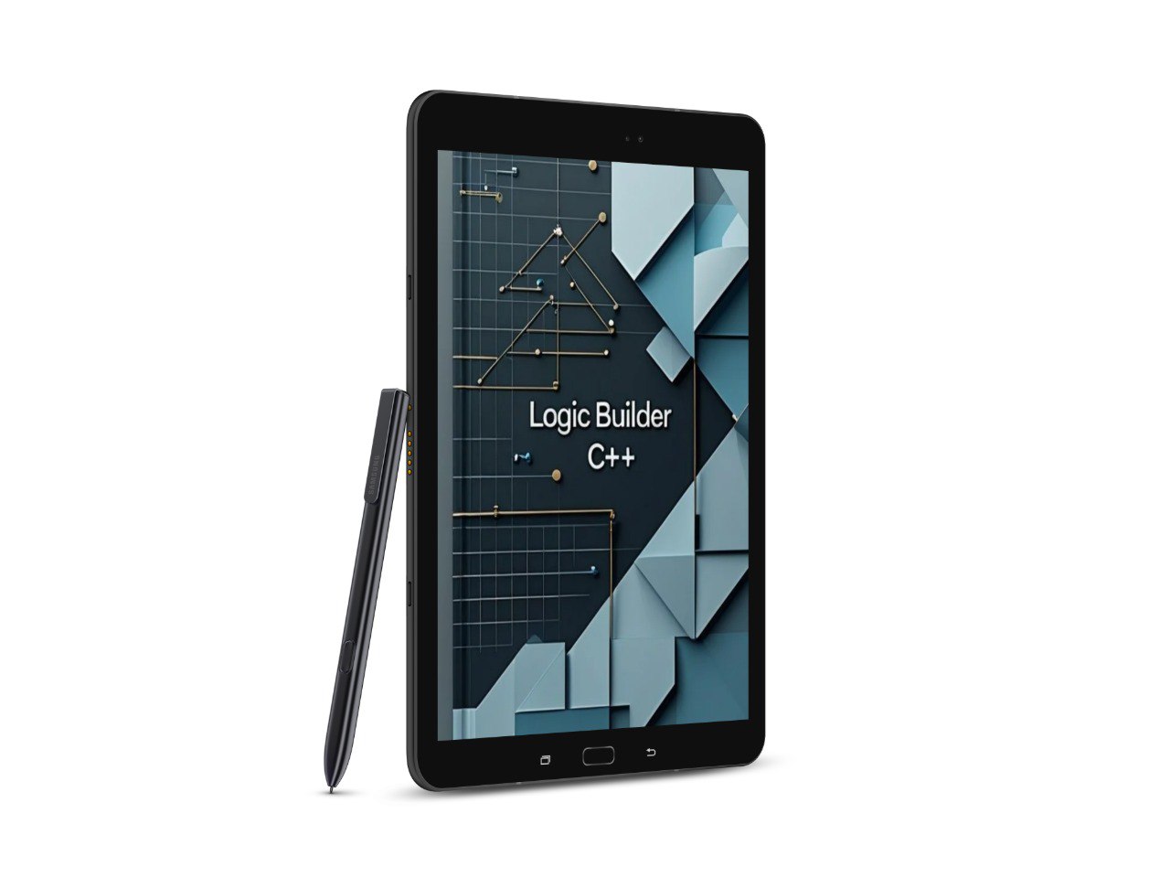 Tablet with a screen displaying course 'Logic Builder C++' on a white background