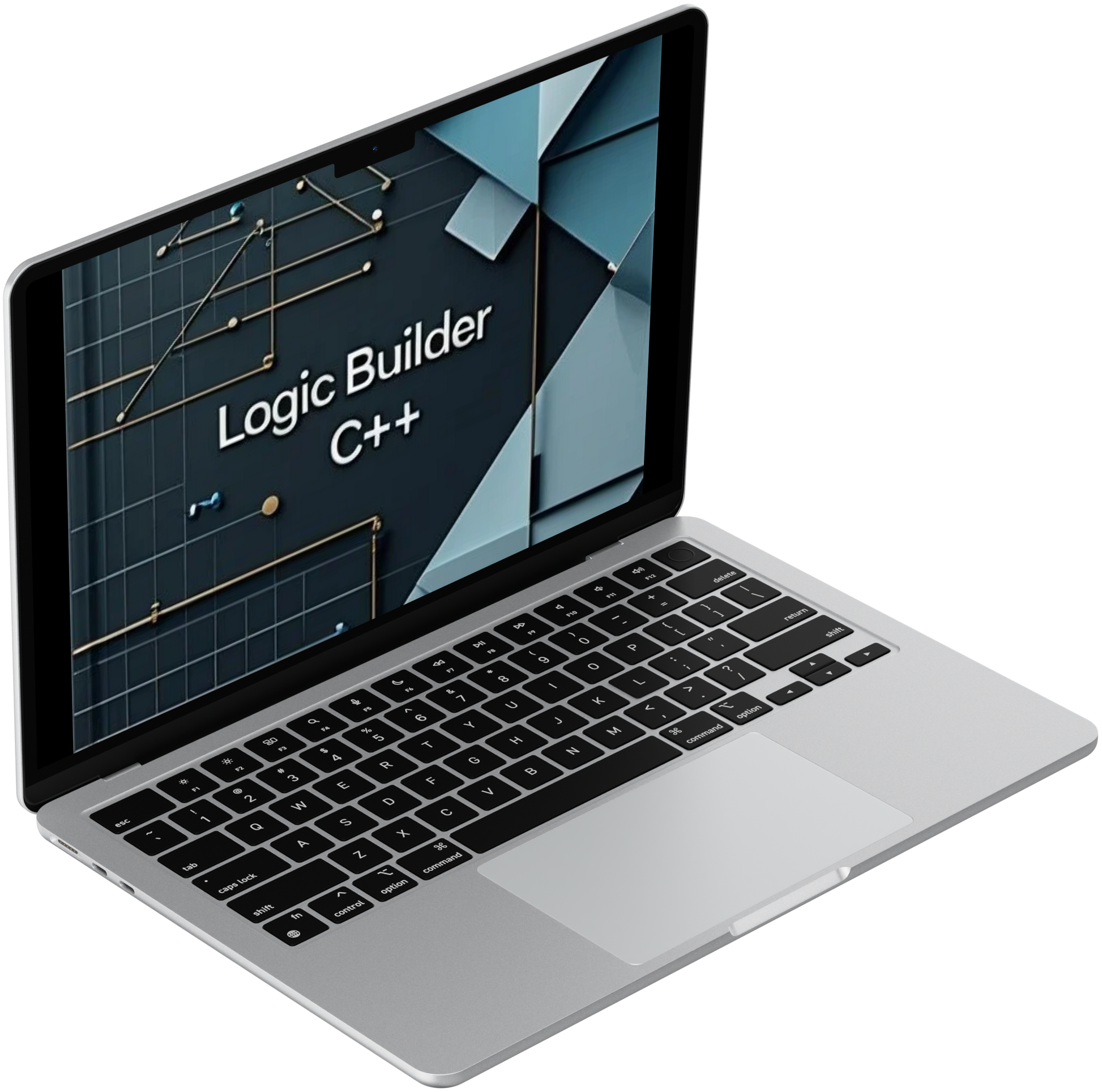 Laptop displaying course 'Logic Builder C++' on a white background