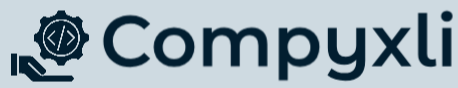 Logo of Compyxli with a gear and code symbol on a light blue background